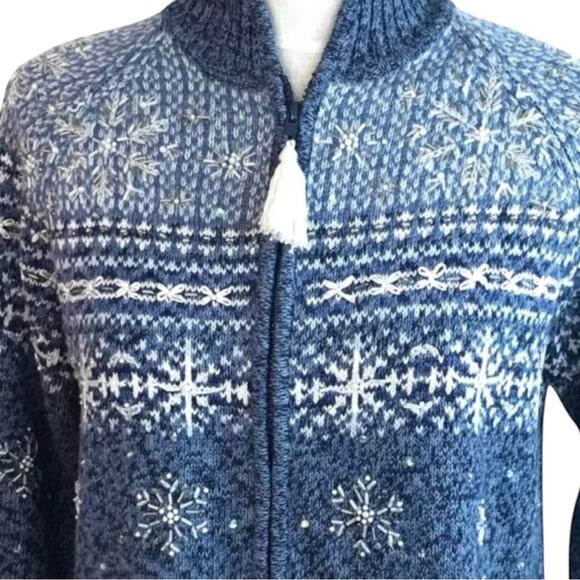 Vintage Tiara NWT Nordic Fair Isle Beaded Snowflake Cardigan Sweater Size L - Picture 2 of 6